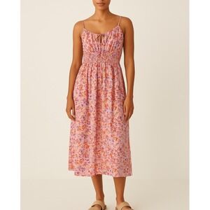 H&M Babydoll Floral Sleeveless Pink Midi Dress Smocked M Cottage Resort Vacation